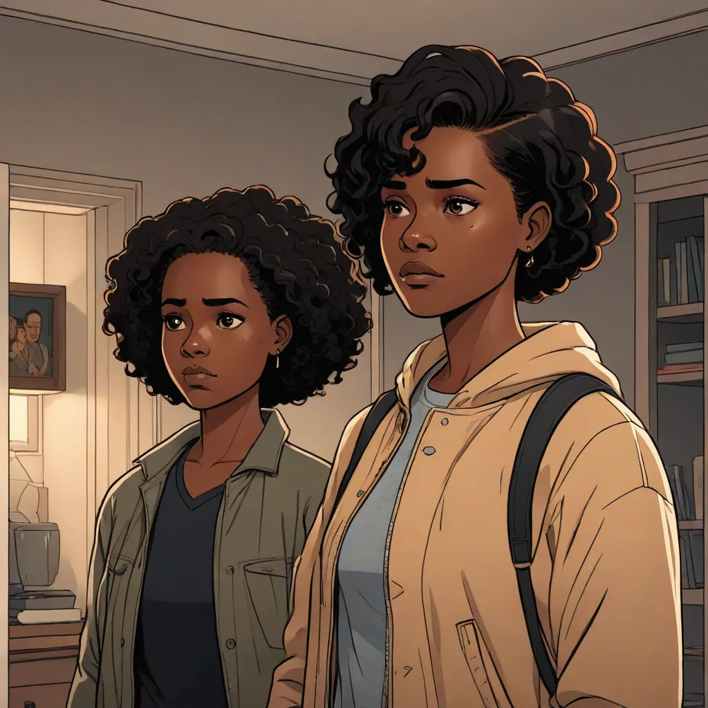 two women standing in a kitchen looking at the camera, one of them is wearing a backpack and the other is wearing a jacket, harlem renaissance, concept art, Cedric Seaut (Keos Masons), official art