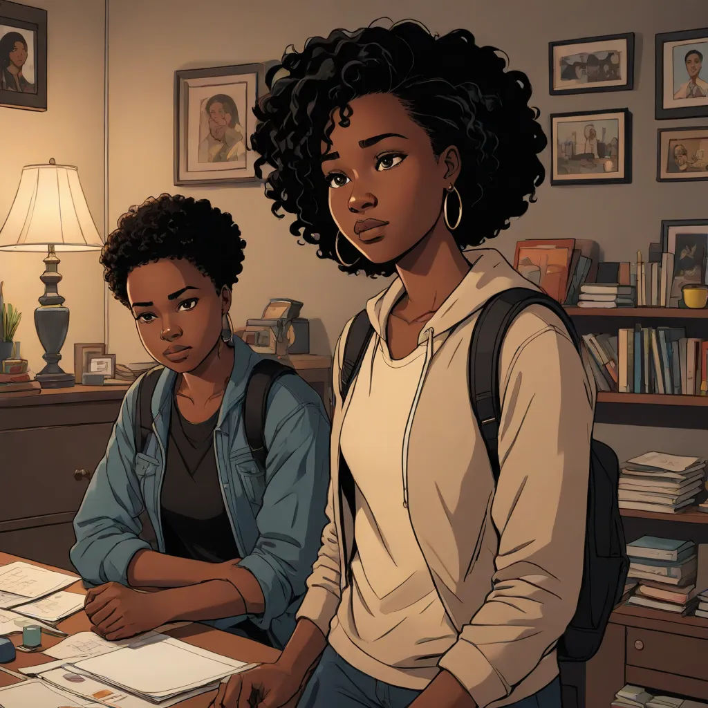 a woman and a girl sitting at a desk in a room with a lamp on it and a bookcase, harlem renaissance, a comic book panel, Chinwe Chukwuogo-Roy, comic cover art
