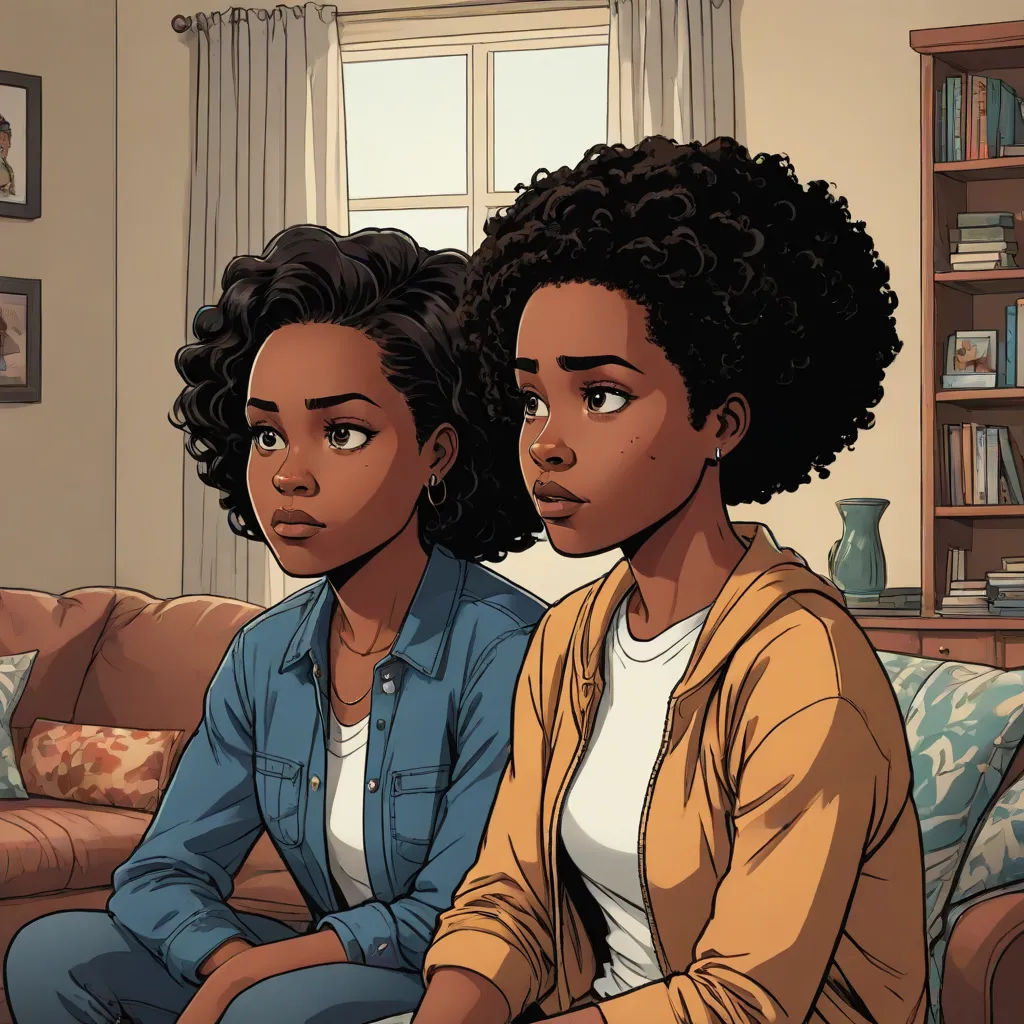 two women sitting on a couch in a living room with a window behind them and a bookcase in the background, harlem renaissance, a comic book panel, Chinwe Chukwuogo-Roy, graphic novel