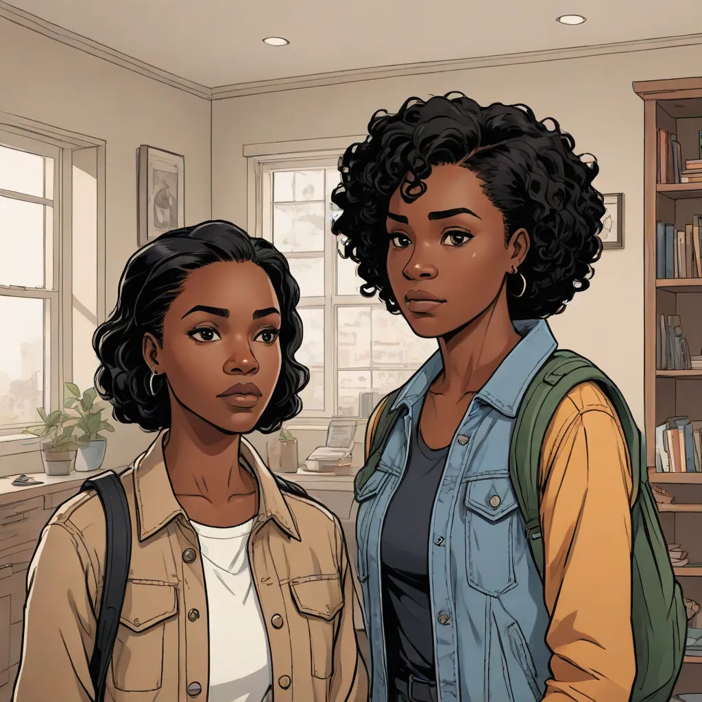 two women standing in a room with a book shelf and a window behind them, one of them is looking at the camera, harlem renaissance, a comic book panel, Ada Gladys Killins, comic cover art
