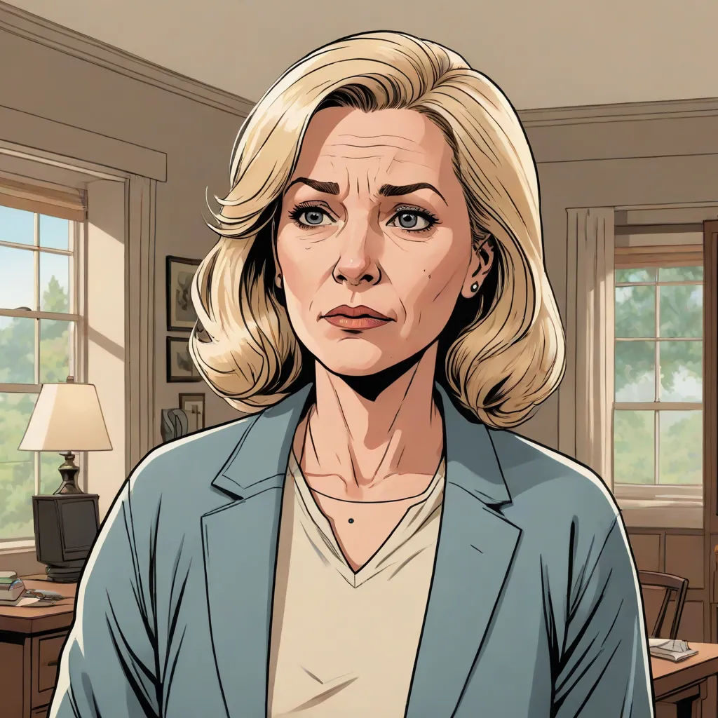 a woman in a blue jacket standing in a room with a desk and a lamp on it's side, cynical realism, a character portrait, Constance Gordon-Cumming, official art