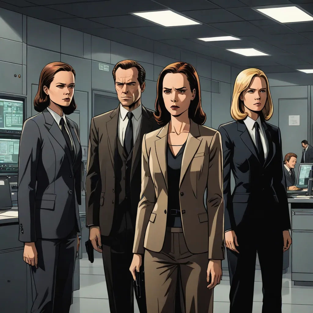 a group of people in suits standing in a room with a computer desk and a television screen behind them, serial art, a comic book panel, Clarice Beckett, official art