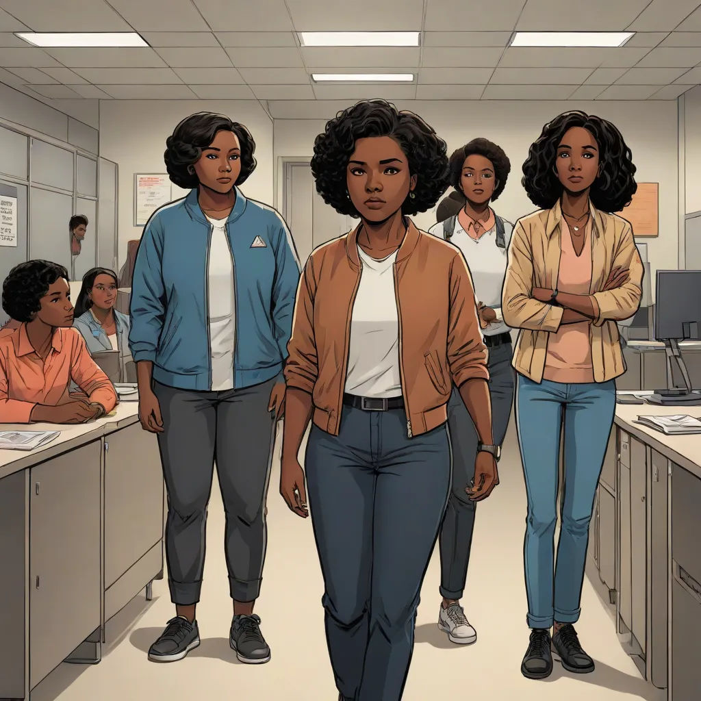 a group of people standing in a room with a computer desk and a monitor on the wall behind them, harlem renaissance, a comic book panel, Chinwe Chukwuogo-Roy, graphic novel