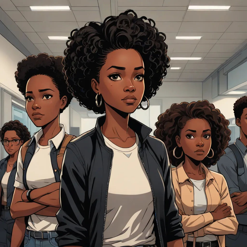 a group of people standing in a room with their arms crossed and looking at the camera, with a woman in the center, harlem renaissance, a comic book panel, Chinwe Chukwuogo-Roy, comic cover art