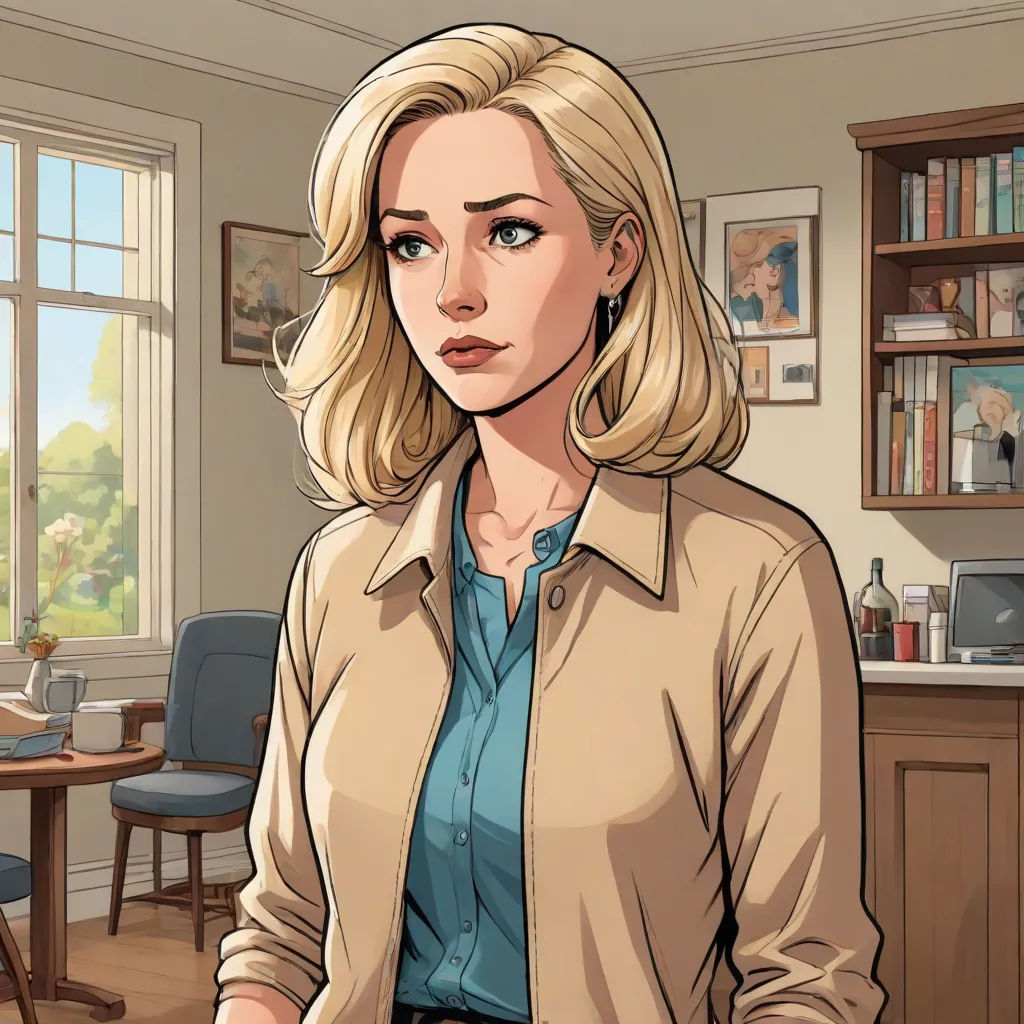 a woman in a room with a desk and a chair and a window with a view of a house, american scene painting, a comic book panel, Evan Charlton, official art