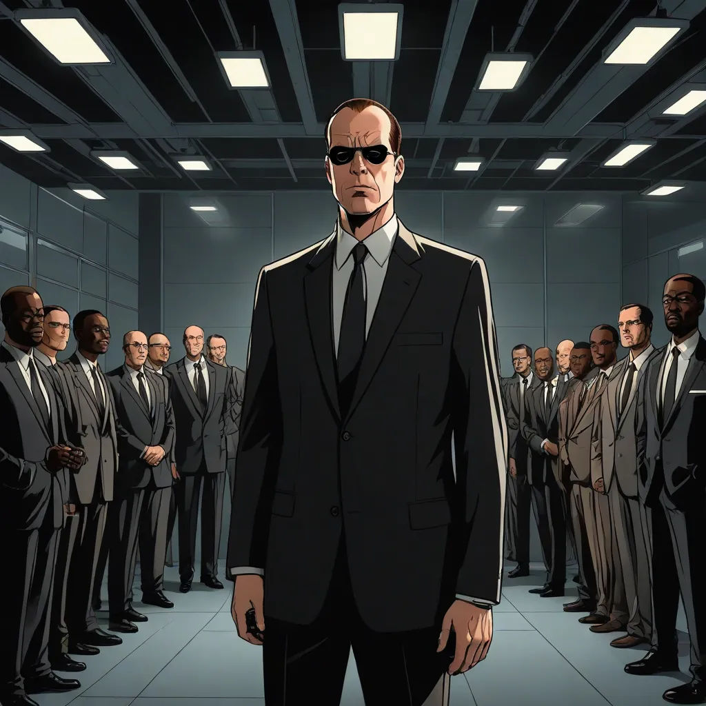 a man in a suit and sunglasses standing in front of a group of men in suits and ties in a room, assemblage, a character portrait, David Park, promotional image