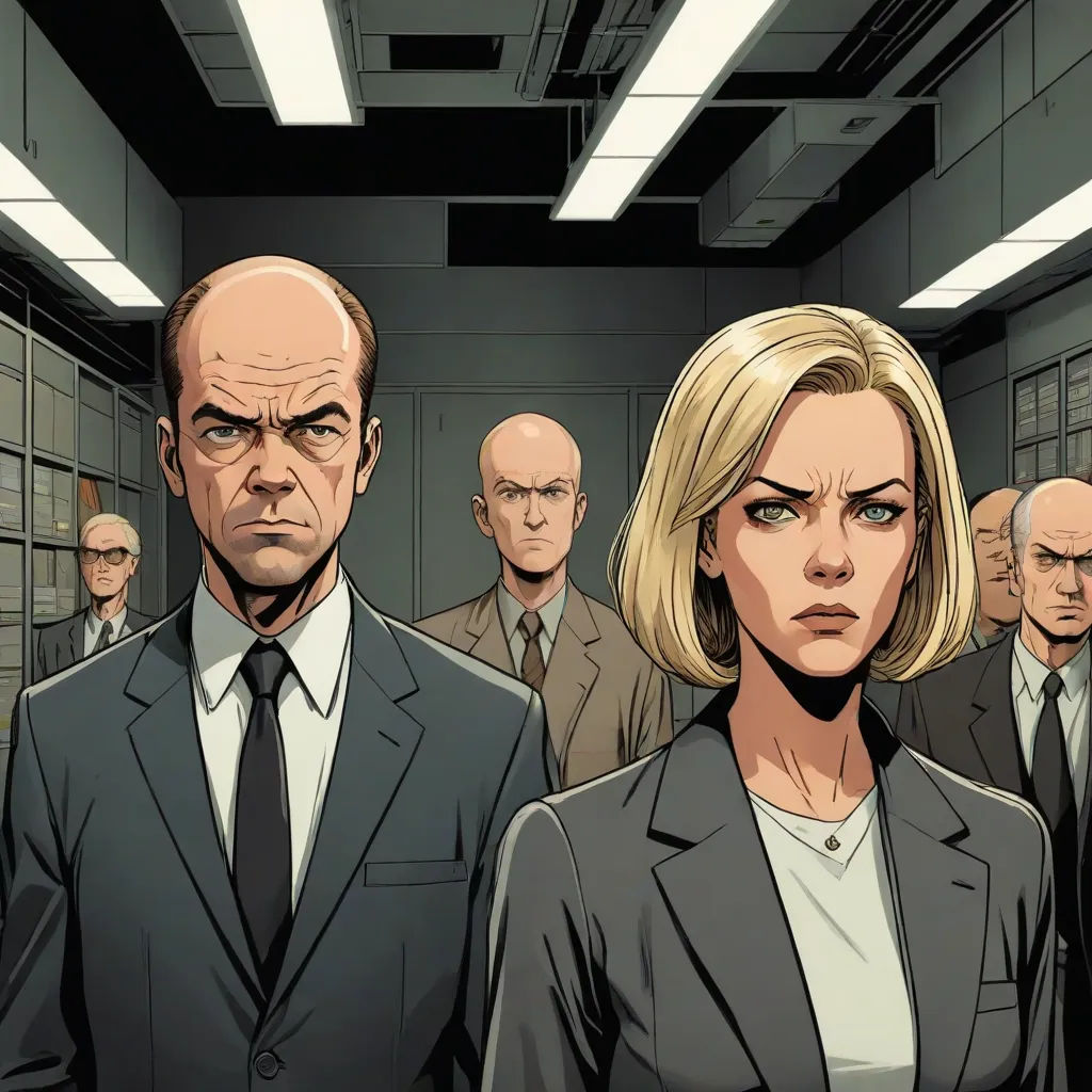 a group of people in suits and ties standing in a hallway with a man in the background looking at the camera, antipodeans, a comic book panel, David Park, comic cover art
