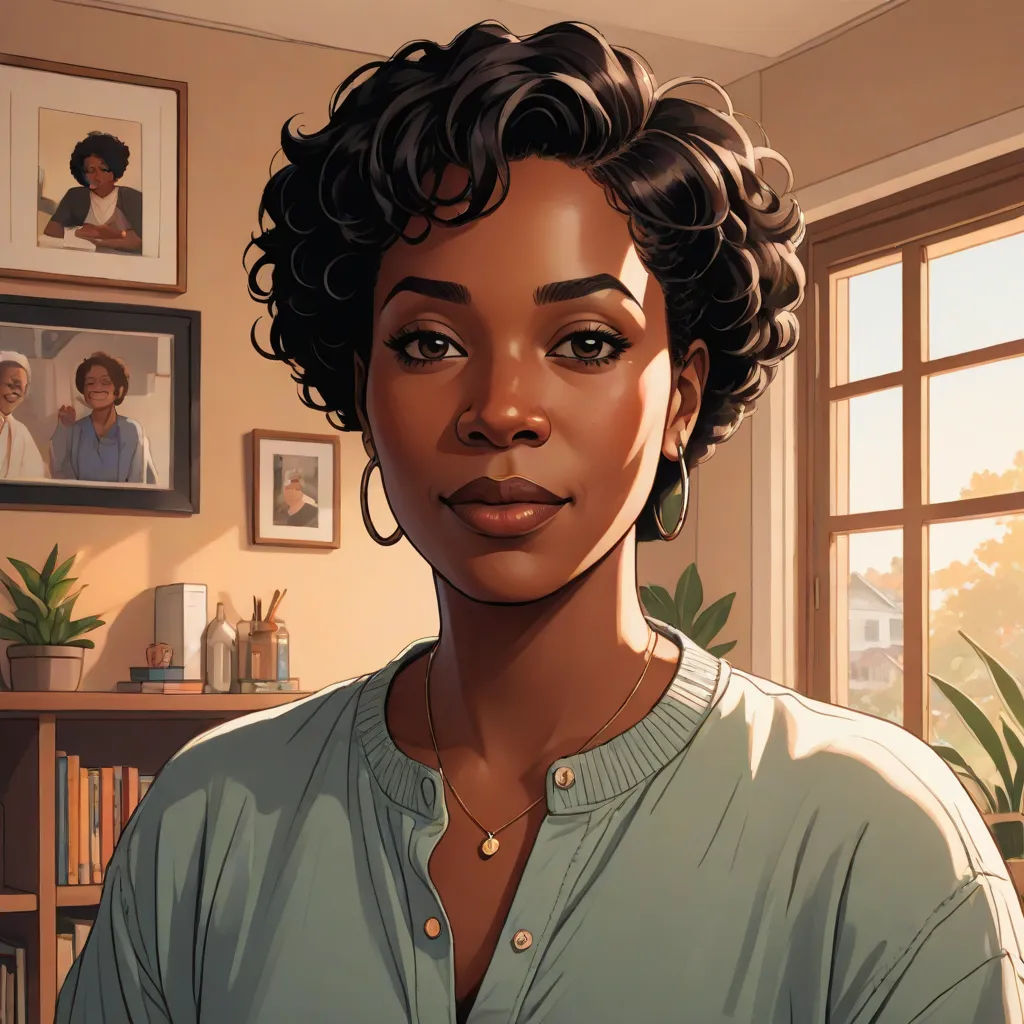 a woman with a green shirt and earrings in a room with a window and a bookcase with pictures on the wall, american realism, a character portrait, Dorothy King, official art