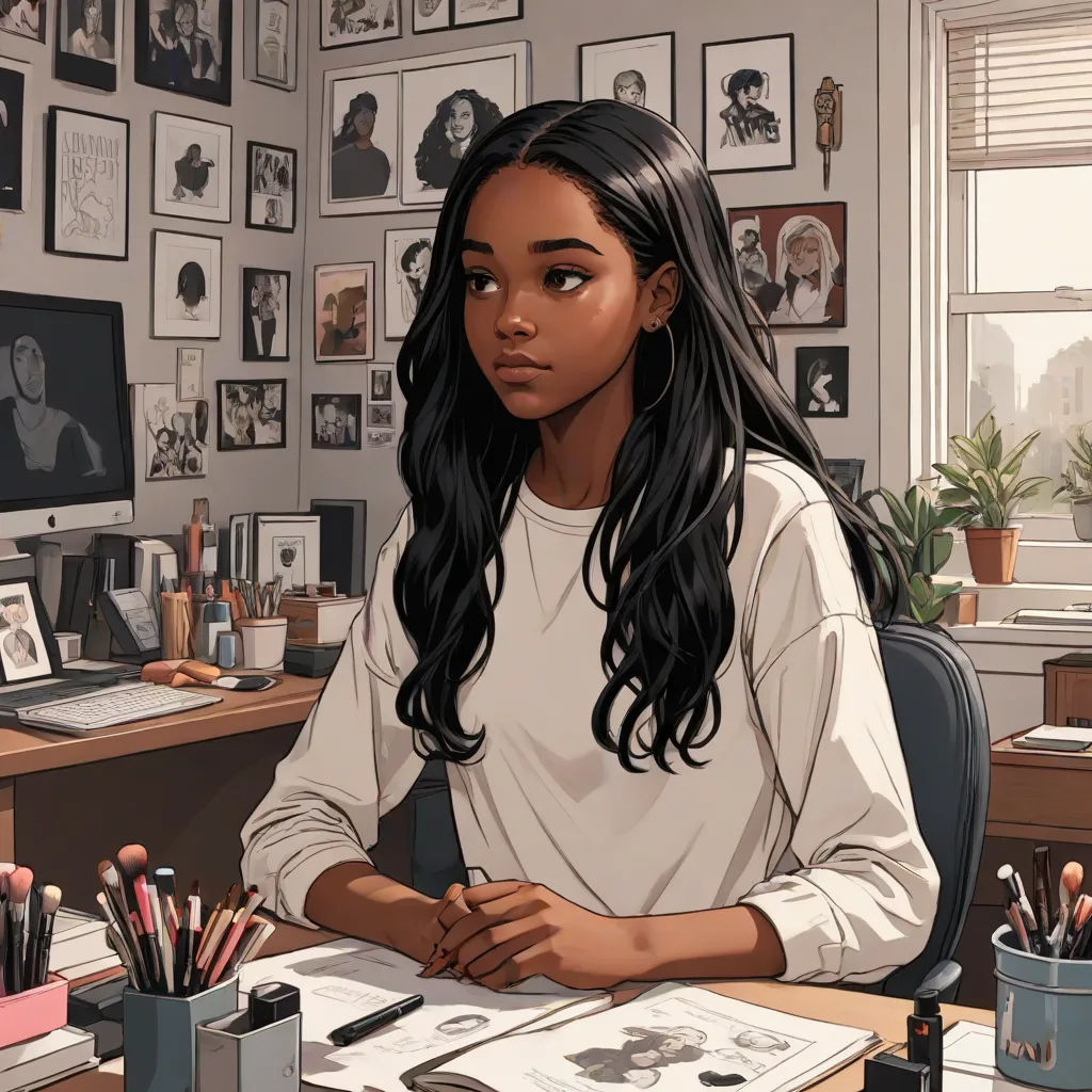 a girl sitting at a desk with a computer and a lot of art on the wall behind her and a lot of pictures on the wall, figurativism, a comic book panel, Artgerm, art station