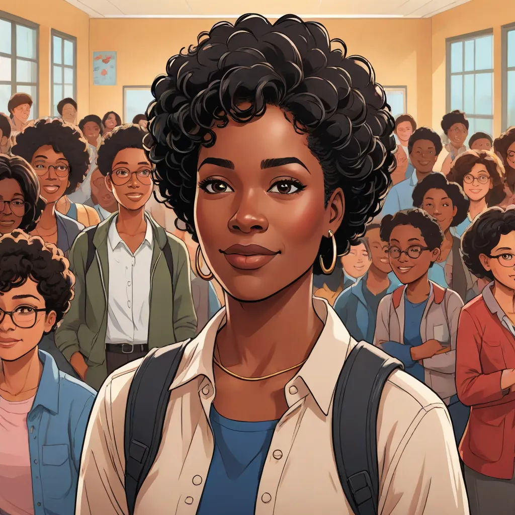 a woman standing in front of a crowd of people in a room with a window on the side of the room, harlem renaissance, a character portrait, Chinwe Chukwuogo-Roy, comic cover art