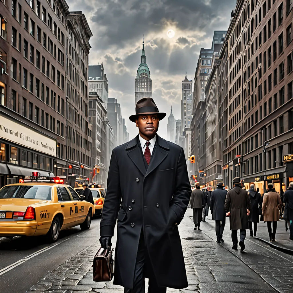 a man in a suit and hat is standing on a street with a taxi cab and a taxi cab, harlem renaissance, a colorized photo, Derold Page, cinematic photography