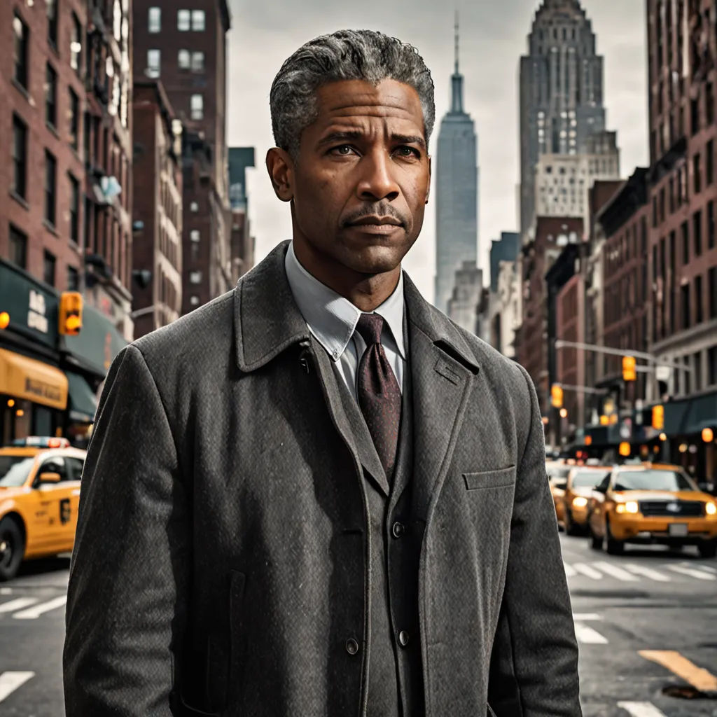 a man in a suit and tie standing in the middle of a street with a taxi cab in the background, harlem renaissance, a colorized photo, Derold Page, promotional image