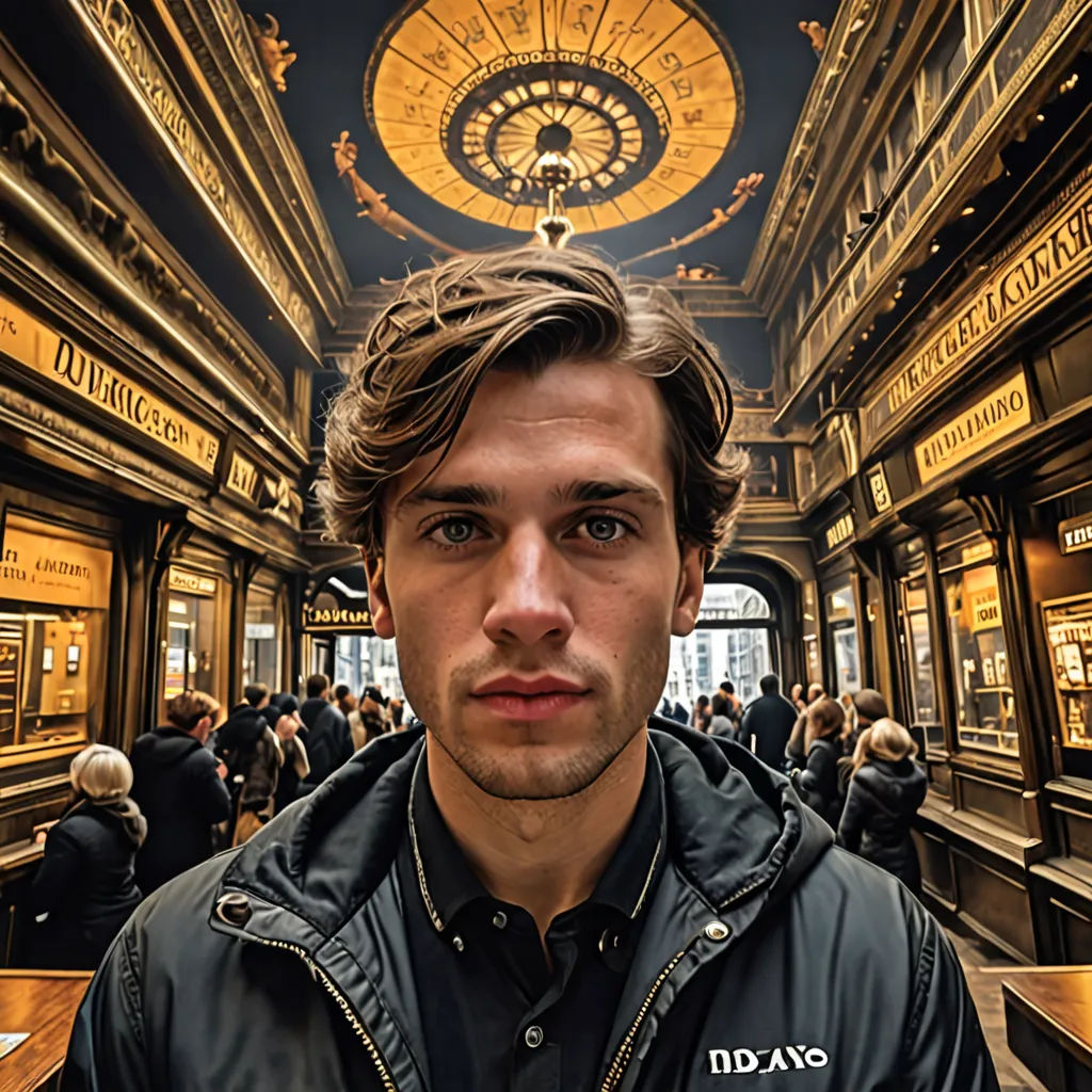 a man is standing in a room with a clock on the ceiling and a ceiling fan in the background, photorealism, a photorealistic painting, Dan Luvisi, j. c. leyendecker 8 k