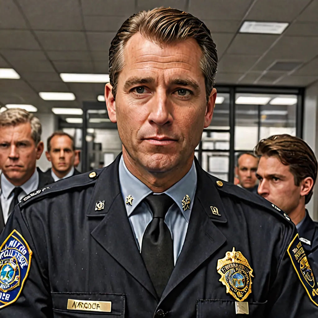 a man in a police uniform standing in a room with other men in suits and ties behind him, looking at the camera, institutional critique, a character portrait, Aaron Bohrod, promotional image