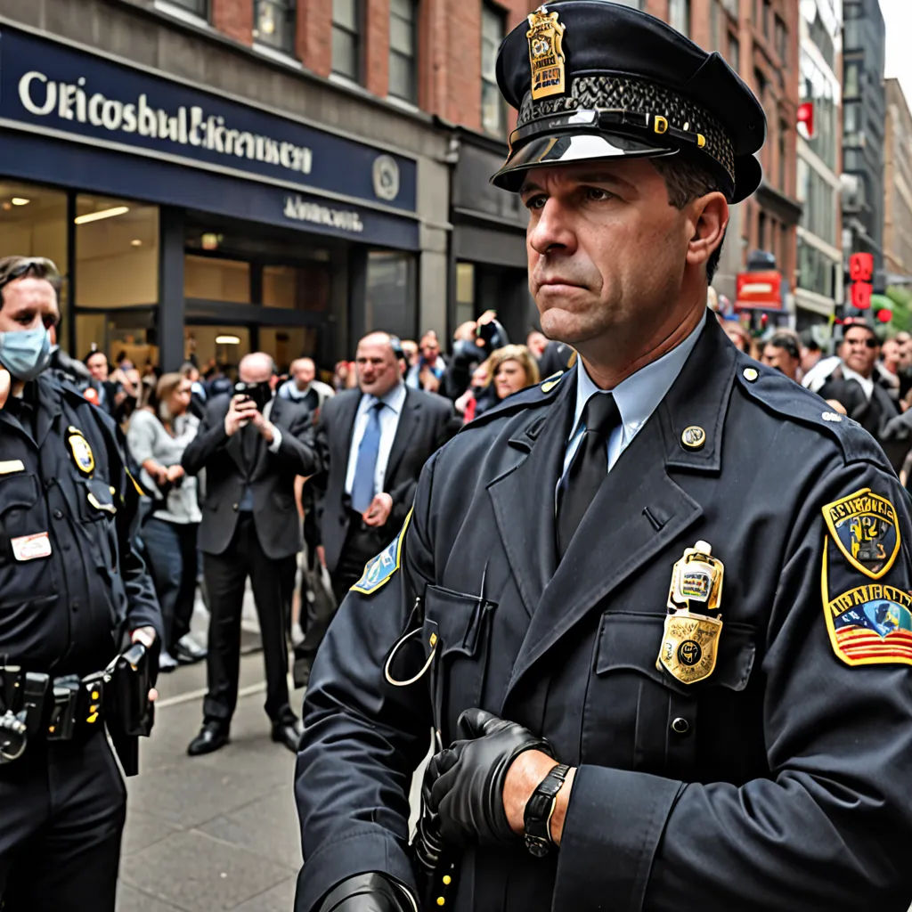 a police officer standing in front of a crowd of people on a street with a camera on his shoulder, precisionism, a photo, Bruce Gilden, award-winning photograph
