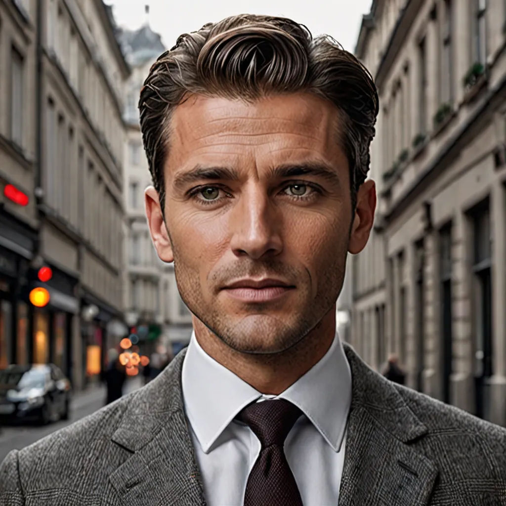 a man in a suit and tie standing in front of a building on a city street with a red traffic light, photorealism, a character portrait, Christian Hilfgott Brand, perfect facial symmetry