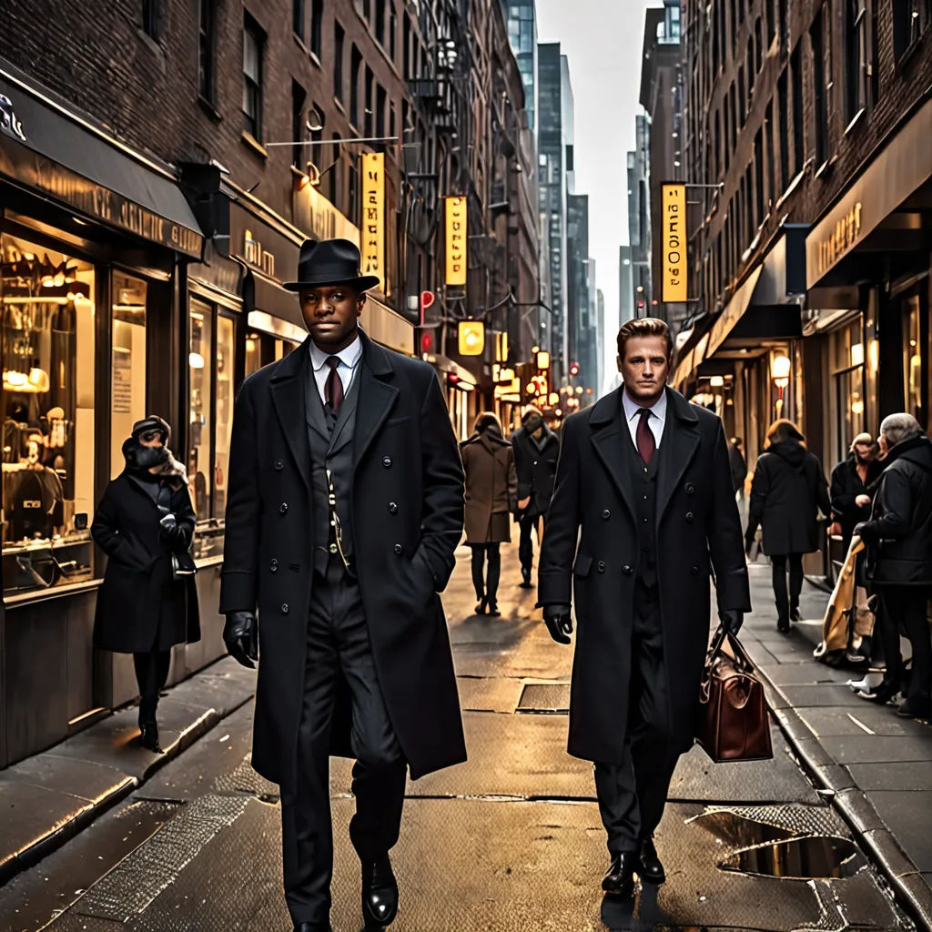 two men in suits and ties walking down a street in a city at night with people walking by on the sidewalk, harlem renaissance, a colorized photo, Annie Leibovitz, promotional image
