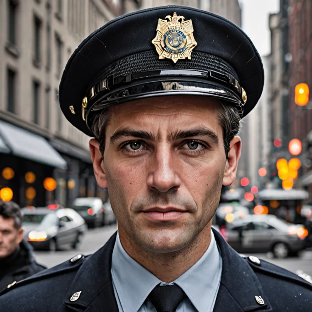 a man in a police uniform standing in the street with traffic in the background and a man in a suit and tie, american realism, a character portrait, Bruce Gilden, promotional image