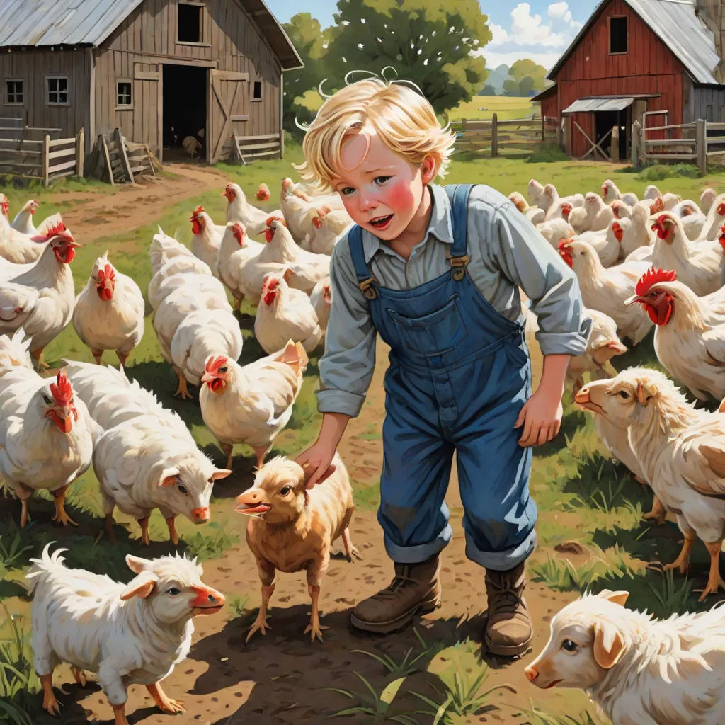 a painting of a boy feeding chickens in a field with a barn in the background and a red barn in the background, american scene painting, a storybook illustration, Bob Byerley, highly detailed digital painting