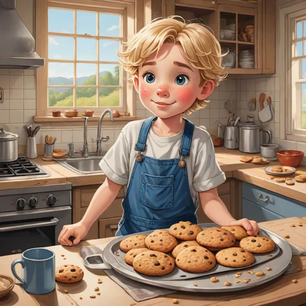 a boy in a kitchen with a tray of cookies and a cup of coffee on the counter top and a plate of cookies on the counter, photorealism, a storybook illustration, Chris LaBrooy, highly detailed digital painting