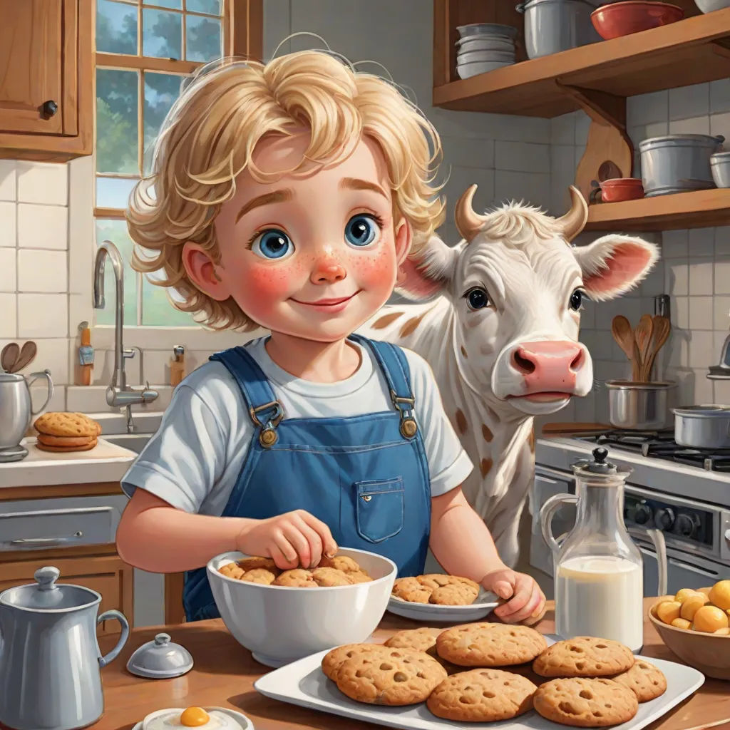 a painting of a boy and a cow in a kitchen with cookies and milk on the table and a cow in the background, photorealism, a storybook illustration, Chris LaBrooy, highly detailed digital painting