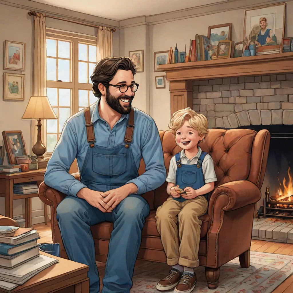 a man sitting on a chair next to a little boy in a living room with a fireplace and a bookcase, american scene painting, a storybook illustration, F Scott Hess, storybook illustration