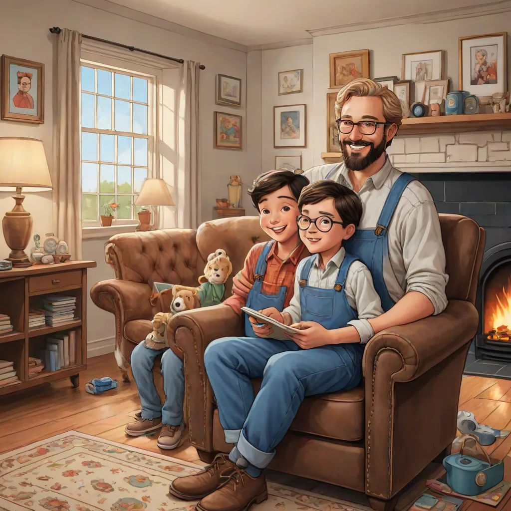 a man and two boys sitting on a couch in front of a fireplace with a teddy bear and a teddy bear, american scene painting, a storybook illustration, Bob Byerley, storybook illustration