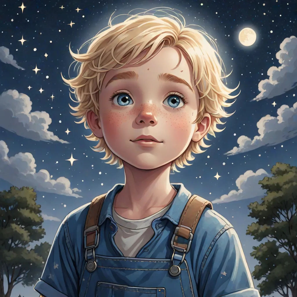 a boy with a blue shirt and overalls standing in front of a night sky with stars and a full moon, space art, a storybook illustration, Aaron Jasinski, stanley artgerm lau