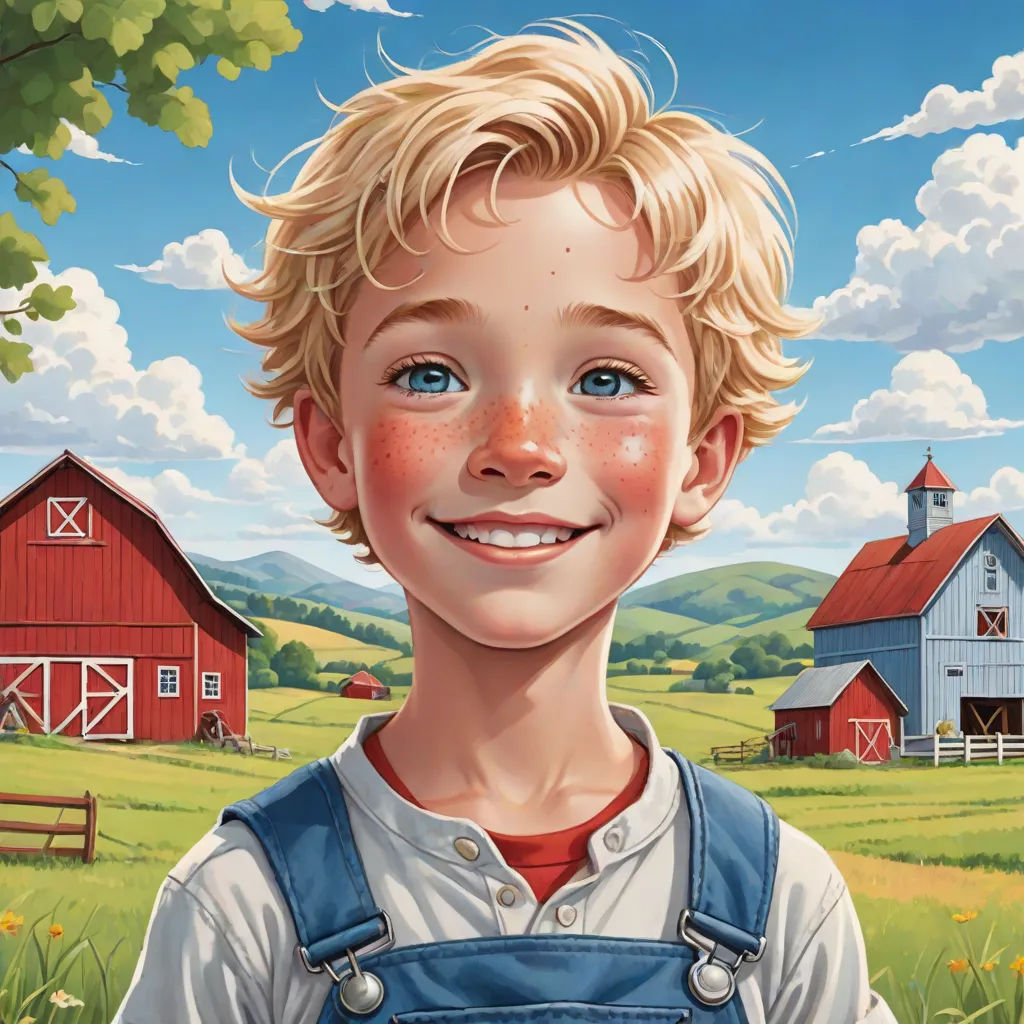 a painting of a boy in a farm with a barn in the background and a red barn in the foreground, american scene painting, a storybook illustration, Aaron Jasinski, book cover