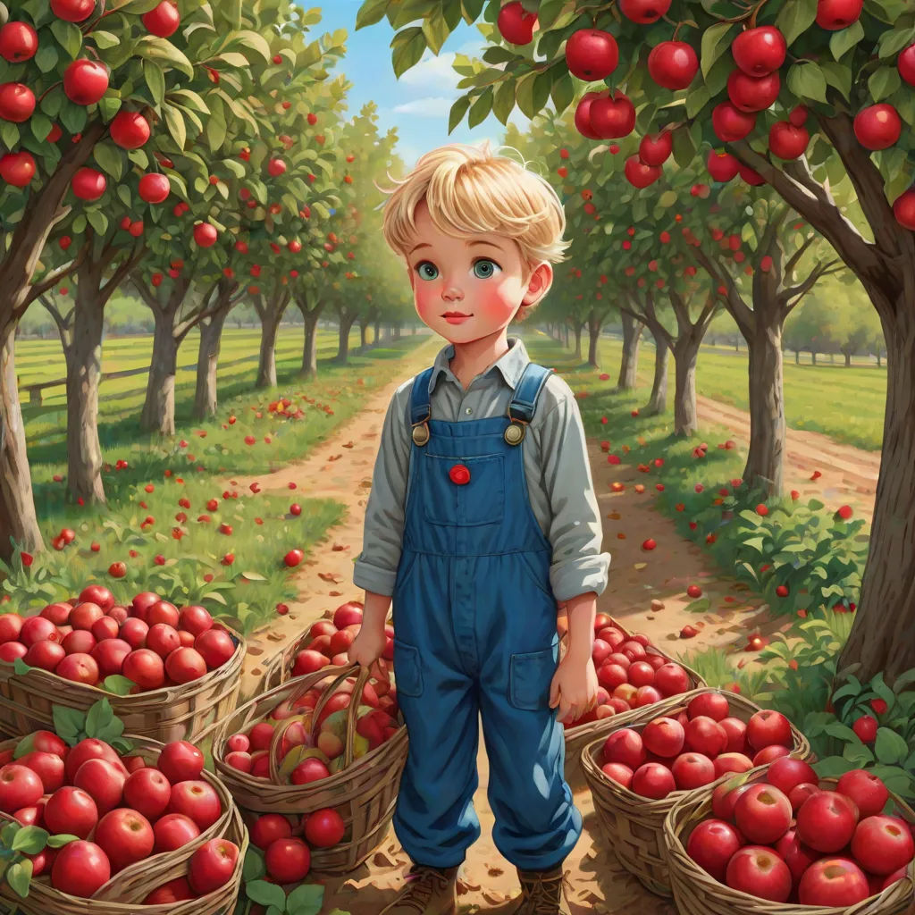 a painting of a boy standing in front of a bunch of apples in a field with a dirt path, precisionism, a storybook illustration, Aaron Jasinski, kinkade