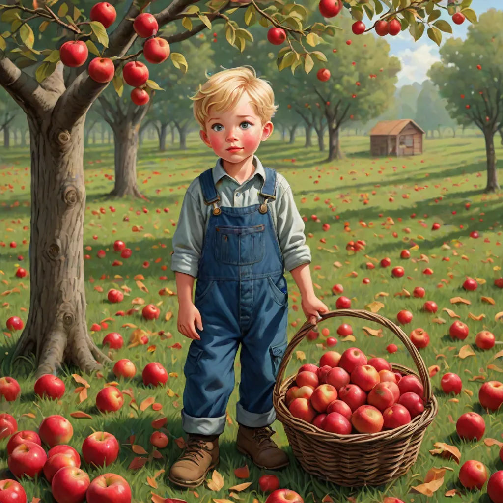 a painting of a boy holding a basket of apples in a field of apples trees and a shed in the background, precisionism, a storybook illustration, Bob Byerley, highly detailed oil painting