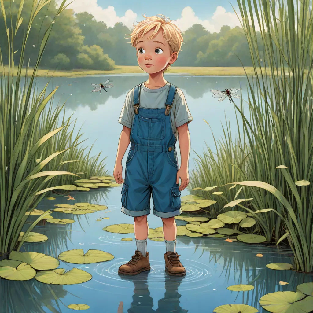 a boy standing in a pond with lily pads and a dragon flying above him in the background, with a dragon flying above him, magic realism, a storybook illustration, Aaron Jasinski, storybook illustration