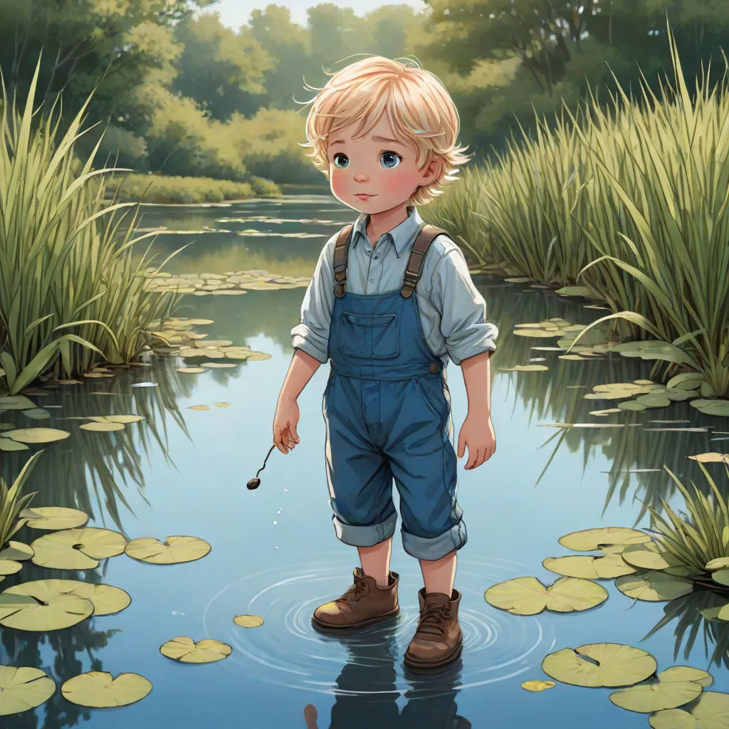 a boy standing in a pond with lily pads and holding a stick in his hand and looking at the water, fantasy art, a storybook illustration, Cliff Childs, cushart krenz