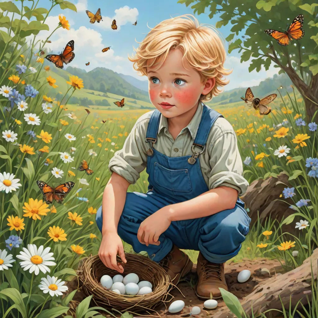 a painting of a boy kneeling down with a basket of eggs in his hand and butterflies flying around him, magic realism, a storybook illustration, Aaron Jasinski, highly detailed digital painting
