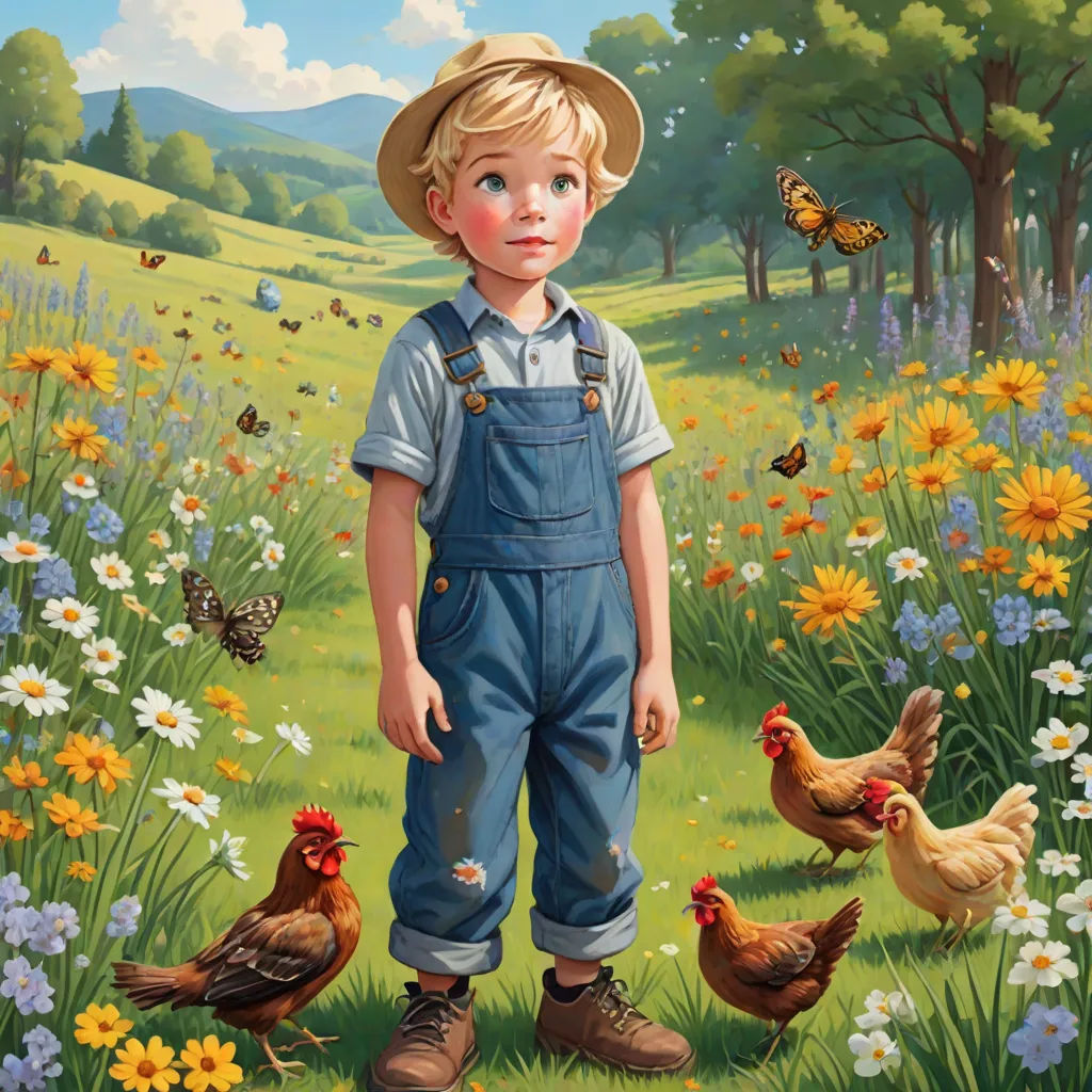 a painting of a boy standing in a field with chickens and butterflies around him and a butterfly on his head, fantastic realism, a storybook illustration, Bob Byerley, highly detailed oil painting