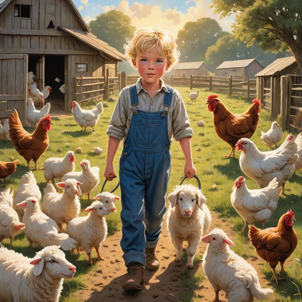 a painting of a boy walking a dog through a flock of chickens in a farm yard with a chicken on a leash, american scene painting, a storybook illustration, Bob Byerley, highly detailed oil painting