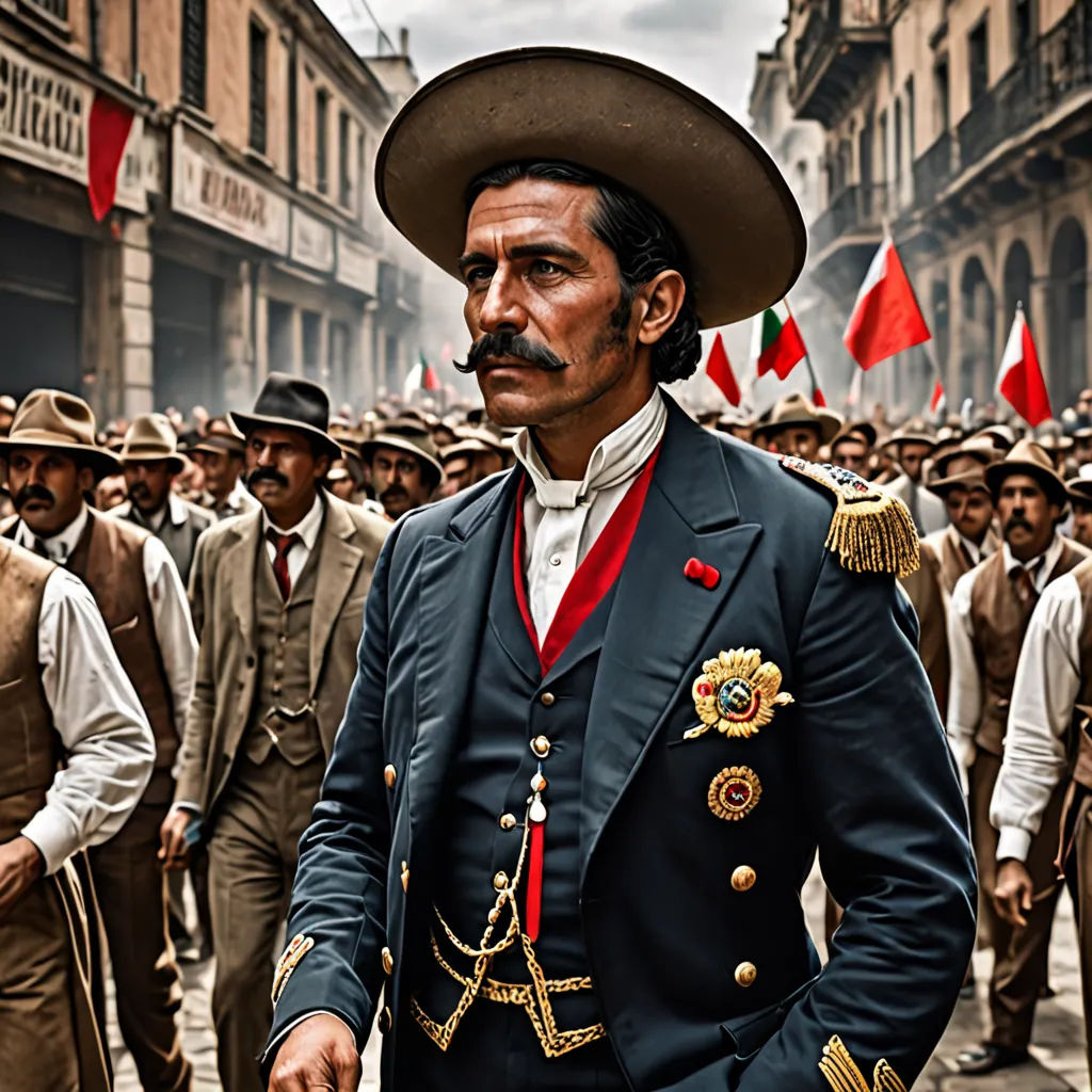 a man in a suit and hat standing in front of a crowd of men in uniform and hats on, maximalism, a colorized photo, Cándido López, vfx