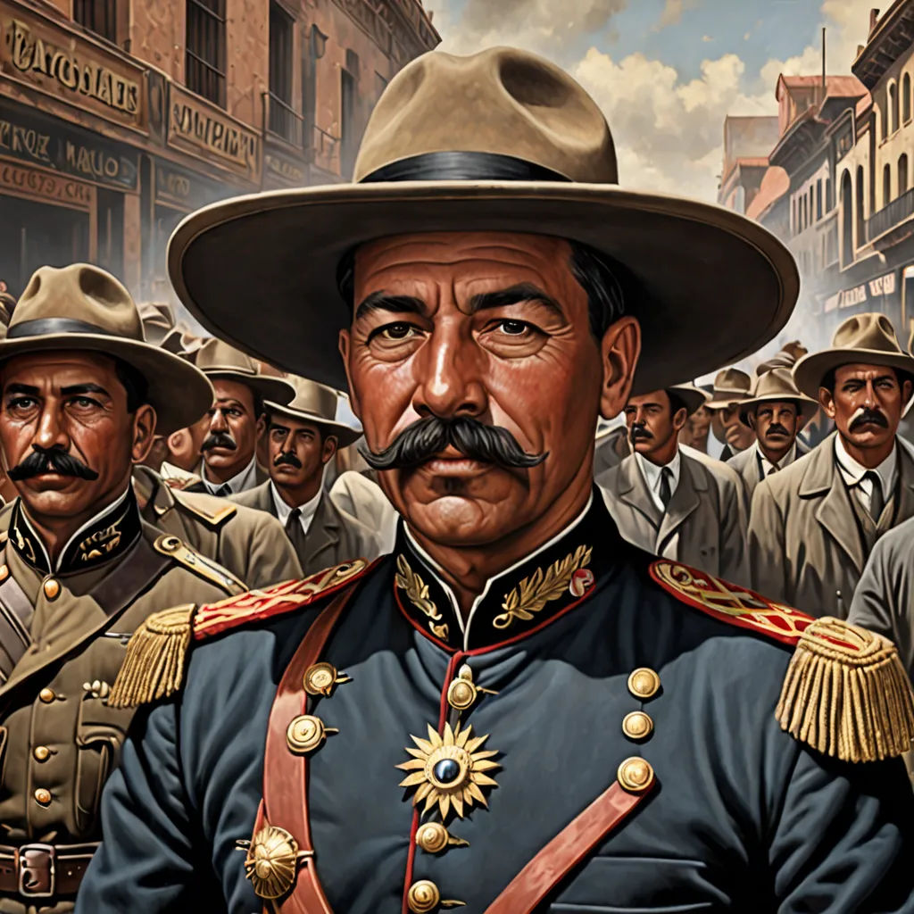 a painting of a man in uniform surrounded by other men in uniform and in the background is a city, american realism, an ultrafine detailed painting, Carlos Francisco Chang Marín, ignacio fernandez rios