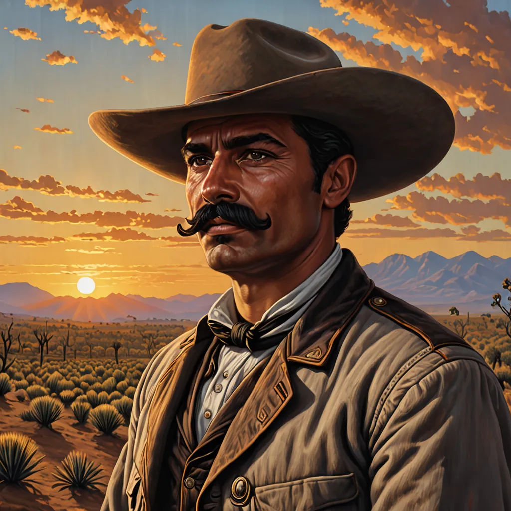 a painting of a man with a mustache and a hat on in a desert setting with a sunset in the background, american scene painting, a character portrait, Eddie Mendoza, western comic book art