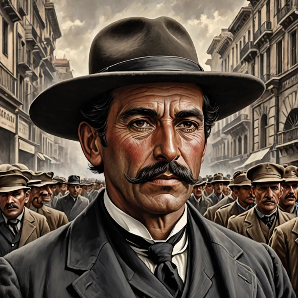 a painting of a man with a mustache and a suit and tie in front of a crowd of men, classical realism, a character portrait, Donato Giancola, western comic book art