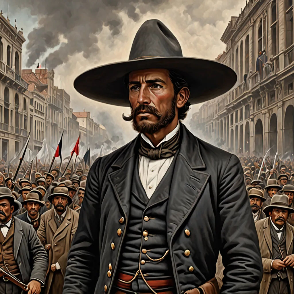a painting of a man in a large hat and uniform with a crowd of men behind him in the background, classical realism, a detailed matte painting, Alejandro Burdisio, western comic book art