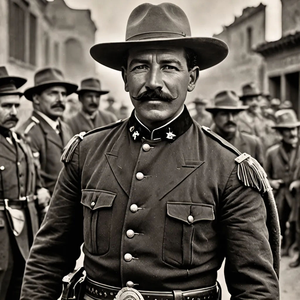 a man in a uniform standing in front of a group of men in uniform and hats on a street, massurrealism, a colorized photo, Carlos Francisco Chang Marín, ignacio fernandez rios