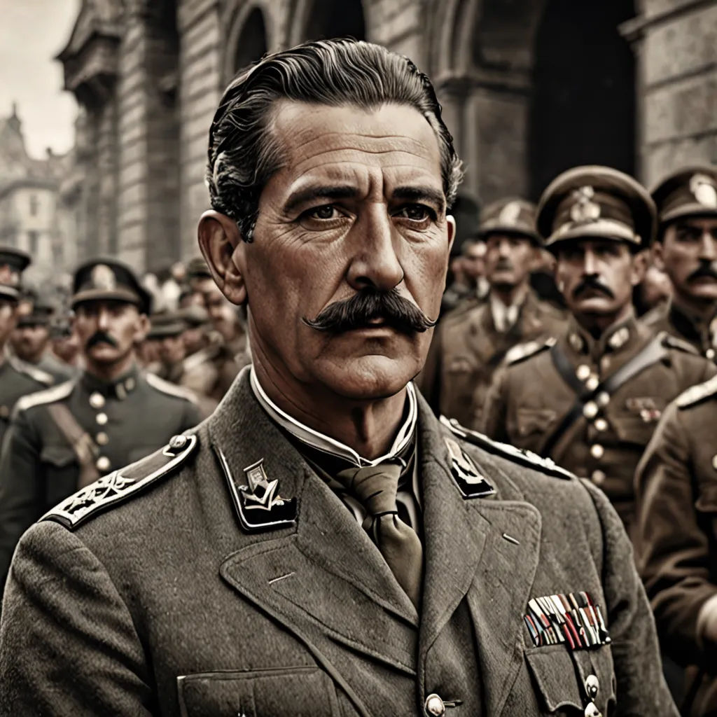 a man in a military uniform standing in front of a group of men in uniform in front of a building, photorealism, a colorized photo, Cándido López, vfx