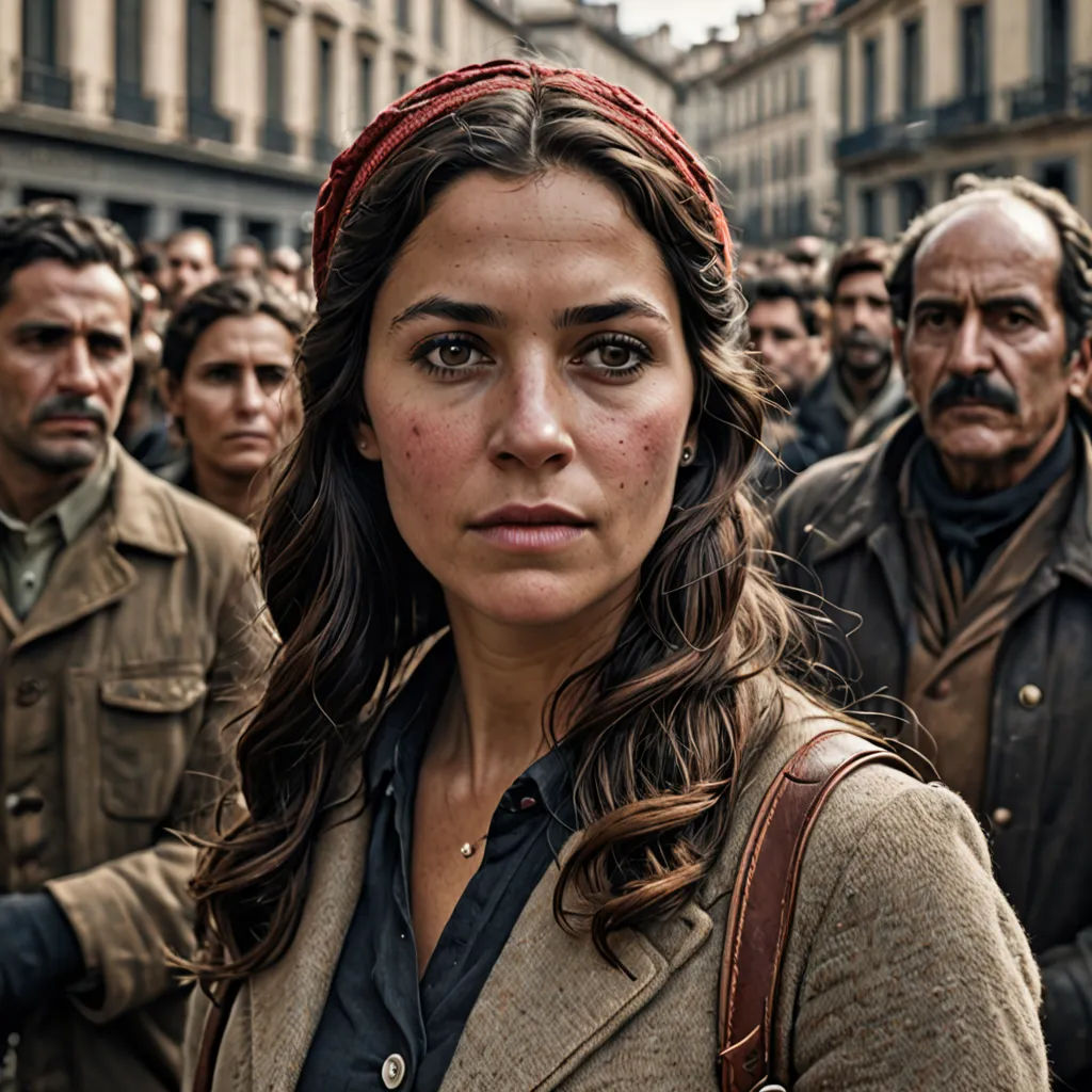 a woman with a red bandana on her head standing in front of a crowd of people in a city, les automatistes, a poster, Eva Gonzalès, promotional image