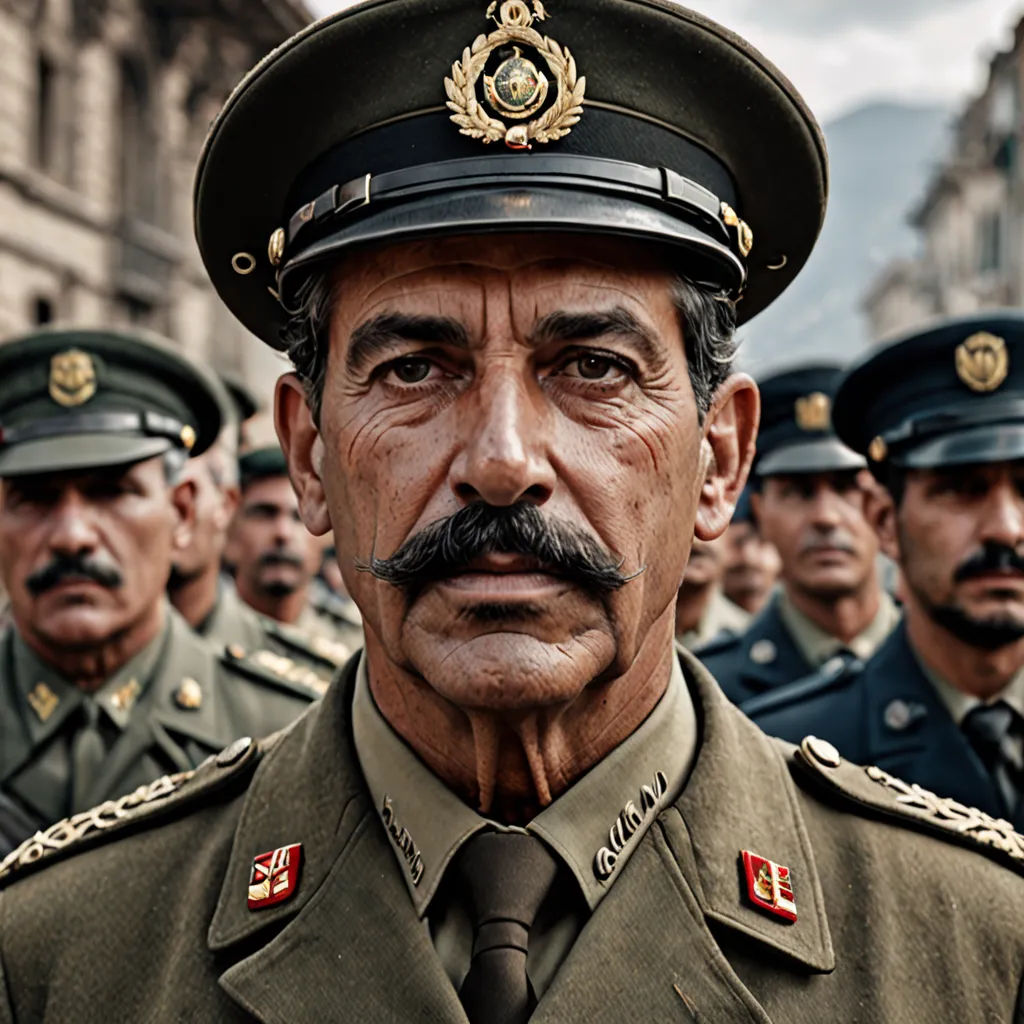 a man in uniform standing in front of a group of men in uniform in a city street with buildings, serial art, a character portrait, Farid Mansour, vfx