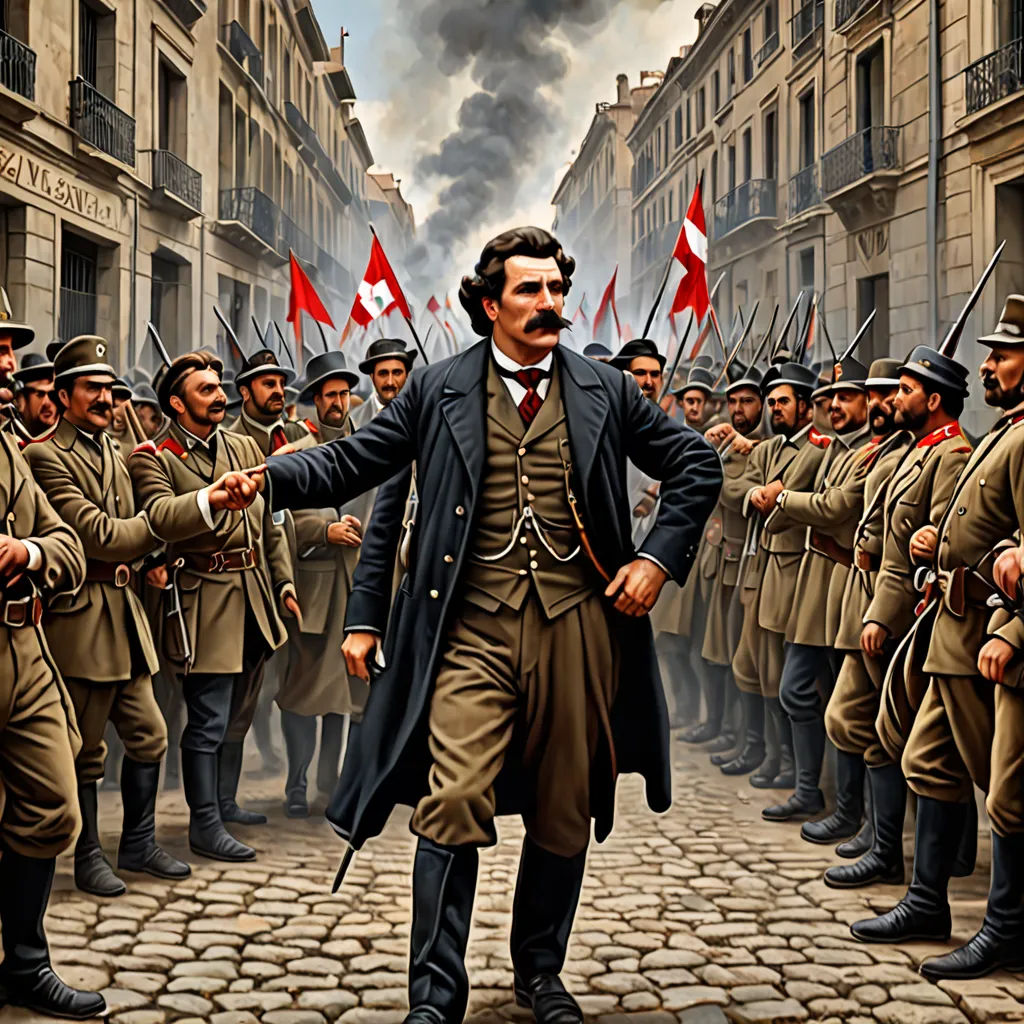 a painting of a man in a military uniform with a group of men in the background holding flags and pointing, viennese actionism, a detailed matte painting, Ettore Tito, official art