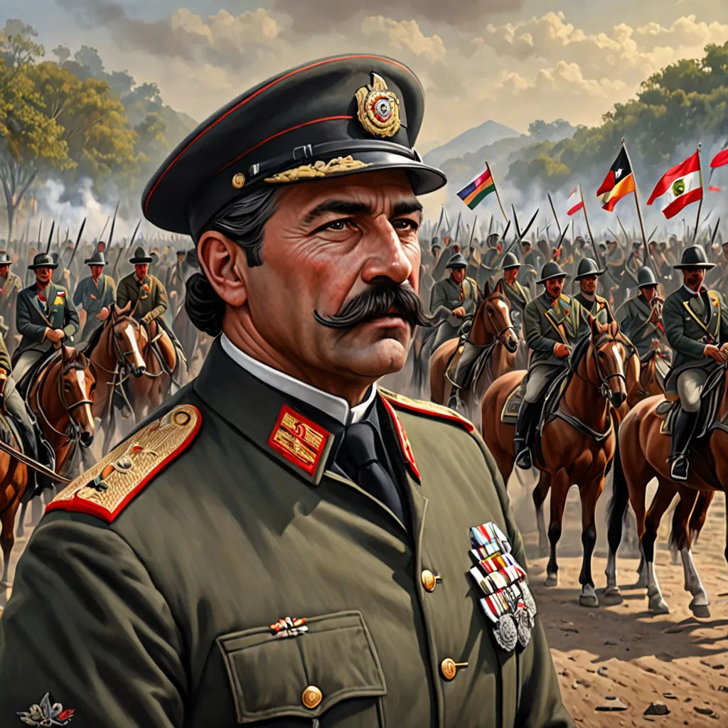 a painting of a man in uniform on a horse with a group of men in uniform behind him on horseback, qajar art, an ultrafine detailed painting, Alejandro Burdisio, detailed portrait