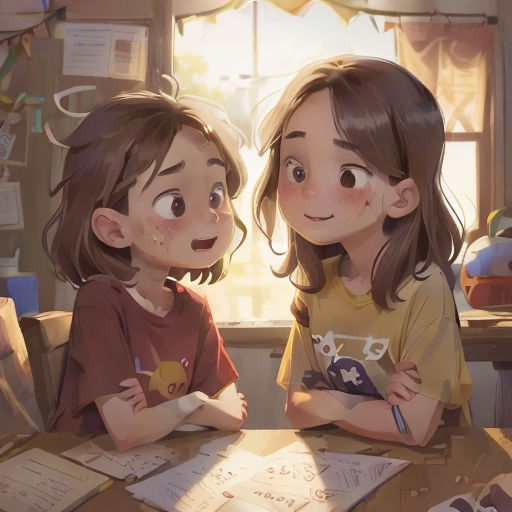 two young girls sitting at a table with papers and pens in front of them, looking at each other