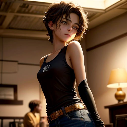 a woman in a black top and jeans standing in a room with a lamp on the side of the room