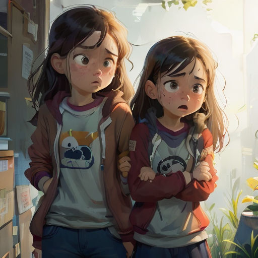 two young girls standing next to each other in a room with plants and a window behind them, looking at something